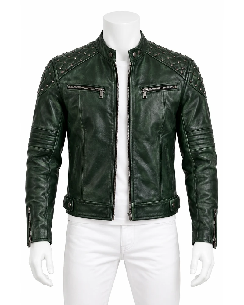 Forest Green Men's Quilted Racer Studded Leather Motorbike Jacket