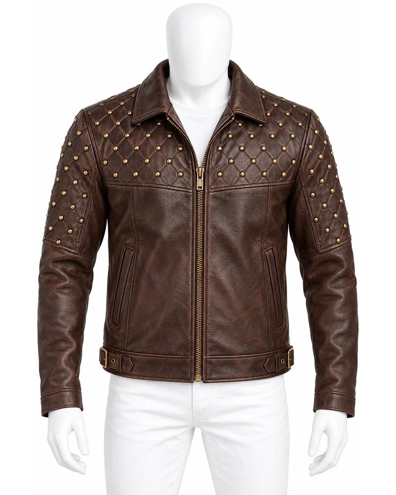 Chocolate Brown Men's Diamond-Lattice Studded Leather Motorbike Jacket