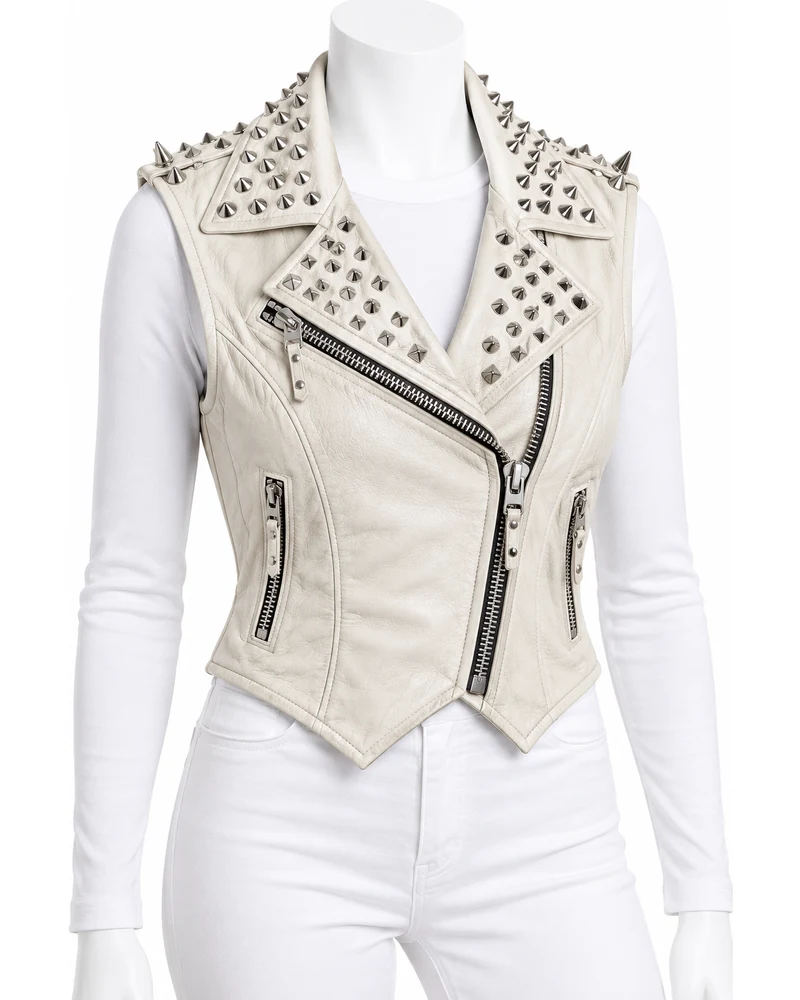 Ivory Women's Cropped Double-Zip Studded Leather Vest