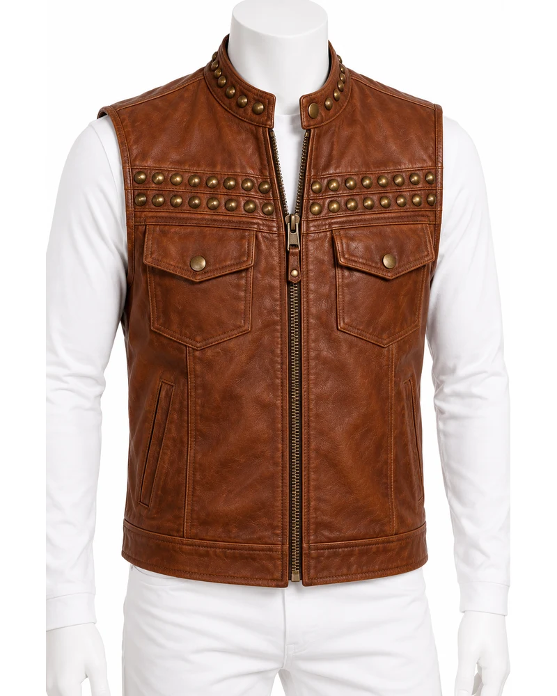 Cognac Men's Stud-Band Stand-Collar Studded Leather Vest