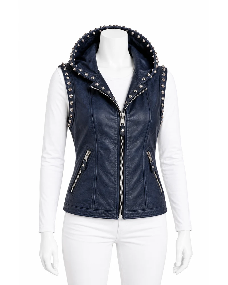 Navy Women's Hooded Stud-Edge Studded Leather Vest