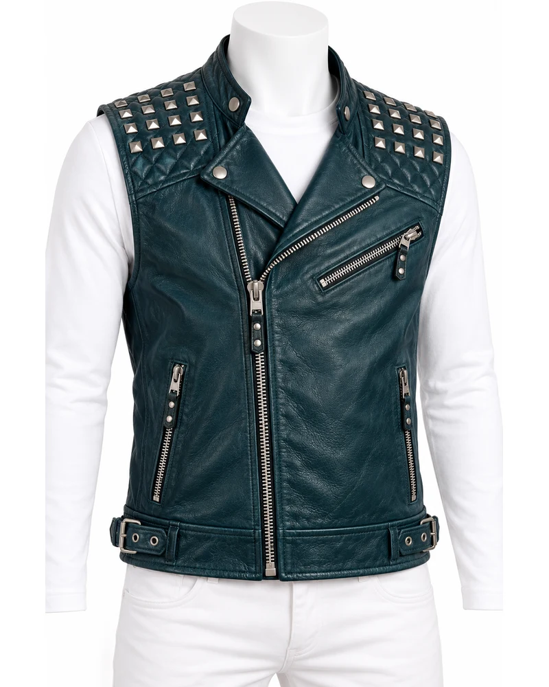 Deep Teal Men's Quilted-Shoulder Racer Studded Leather Vest