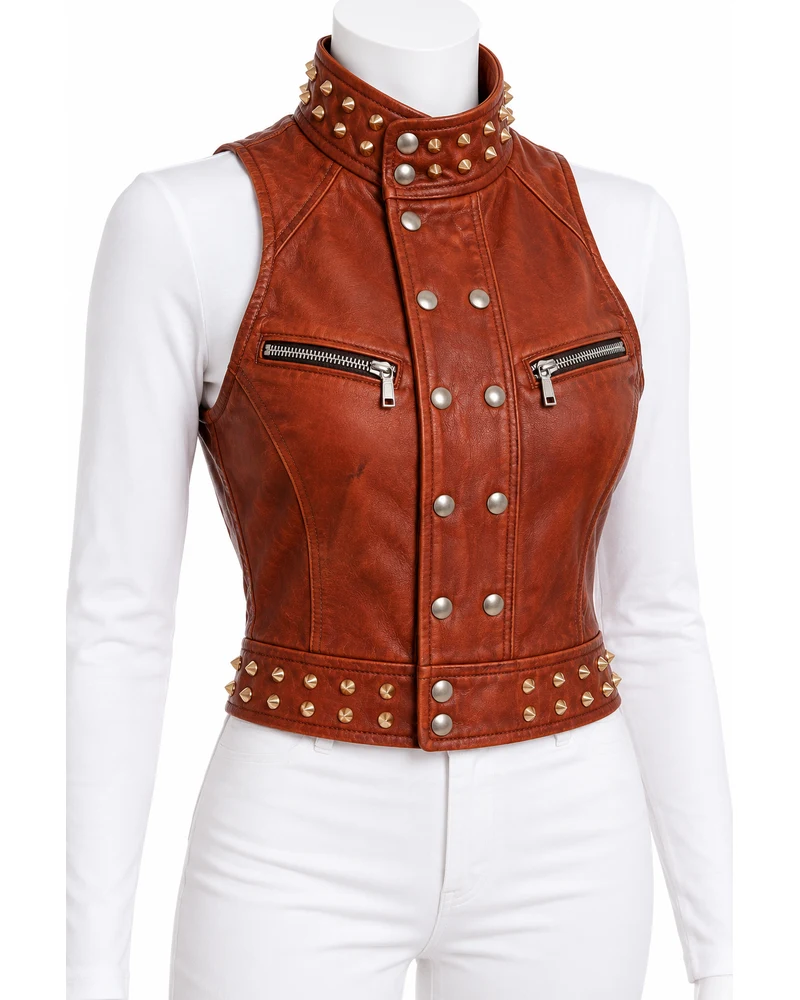 Rust Women's High-Neck Snap-Front Studded Leather Vest