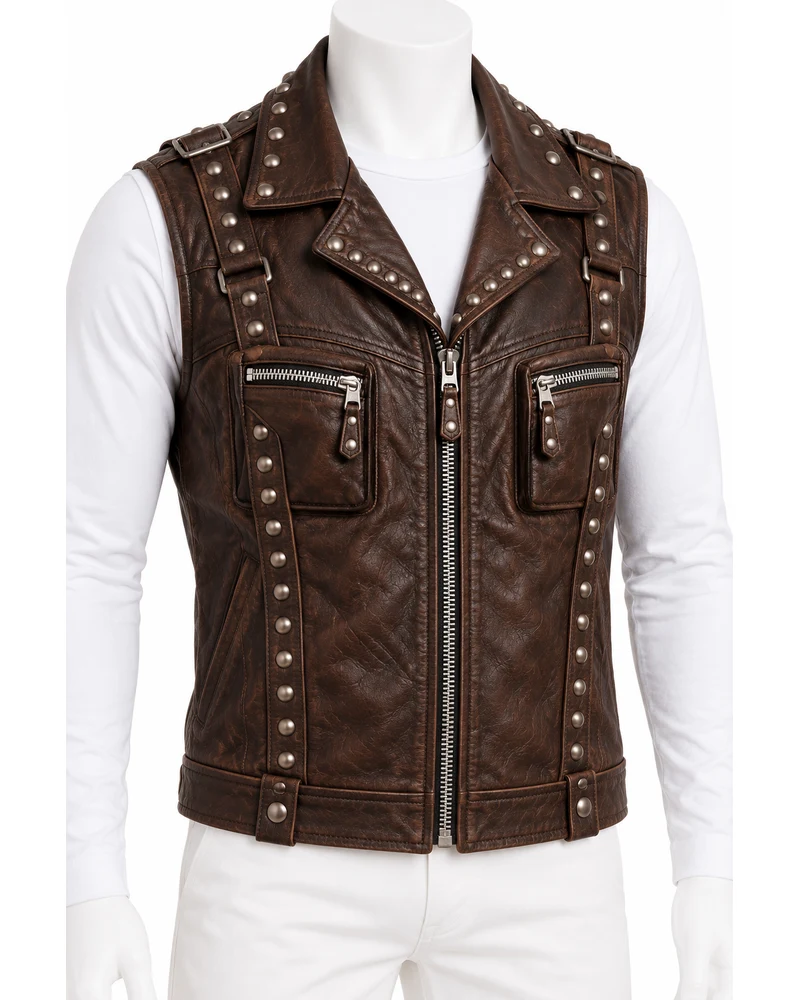 Chocolate Brown Men's Integrated-Strap Moto Studded Leather Vest