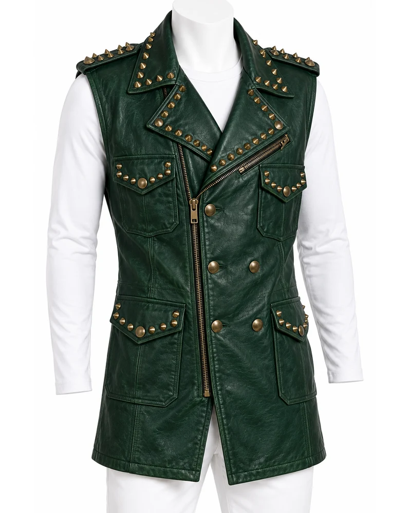 Emerald Men's Longline Military Studded Leather Vest