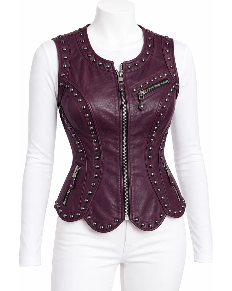 Plum Women's Corset-Waist Scallop Studded Leather Vest