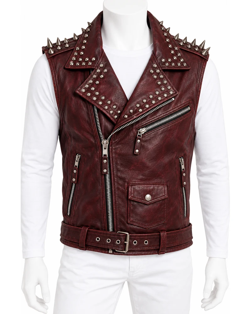 Oxblood Men's Broad-Shoulder Road Studded Leather Vest