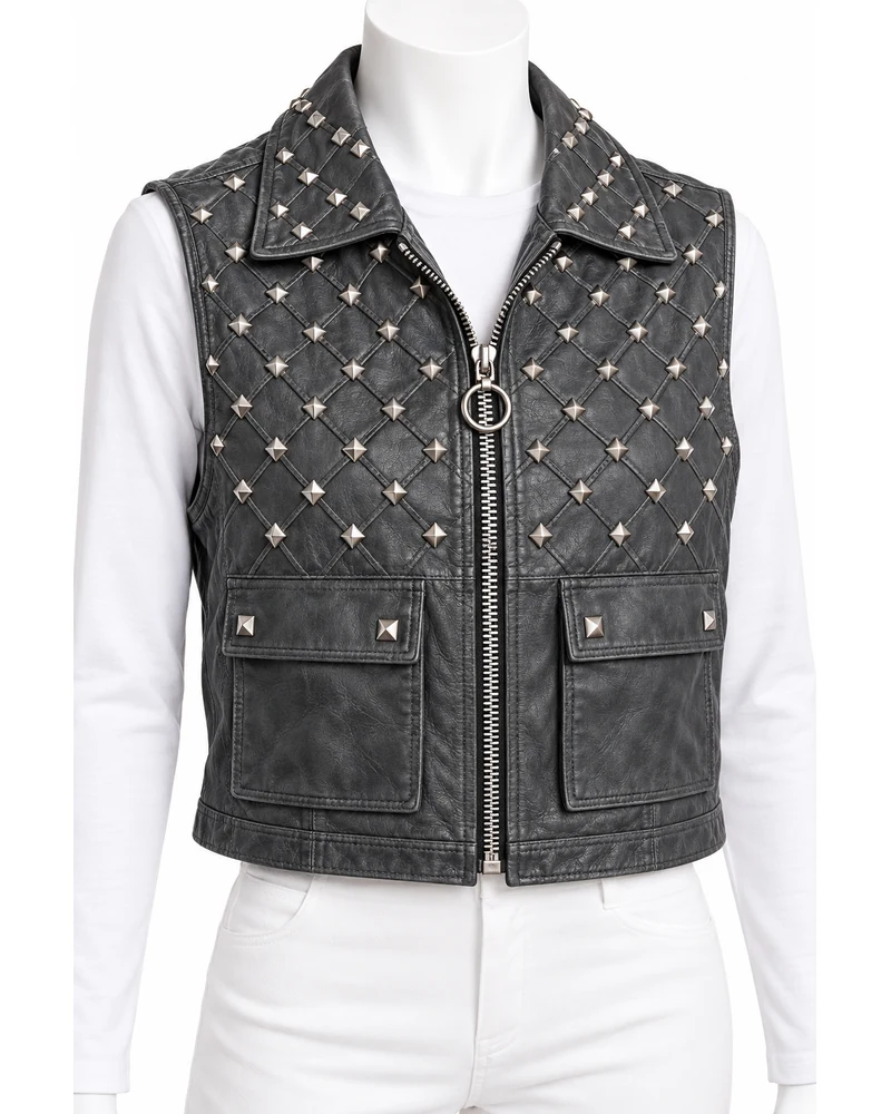 Slate Grey Women's Boxy Lattice Crop Studded Leather Vest