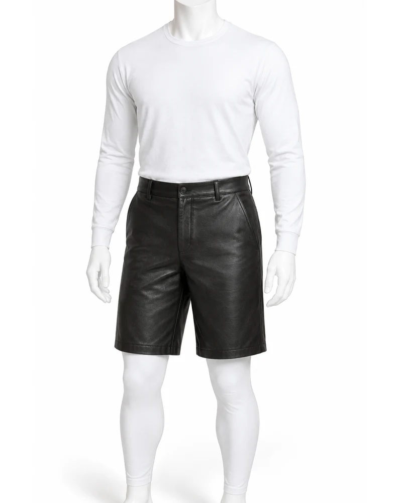 Black Men Tailored Flat-Front Bermuda Leather Shorts