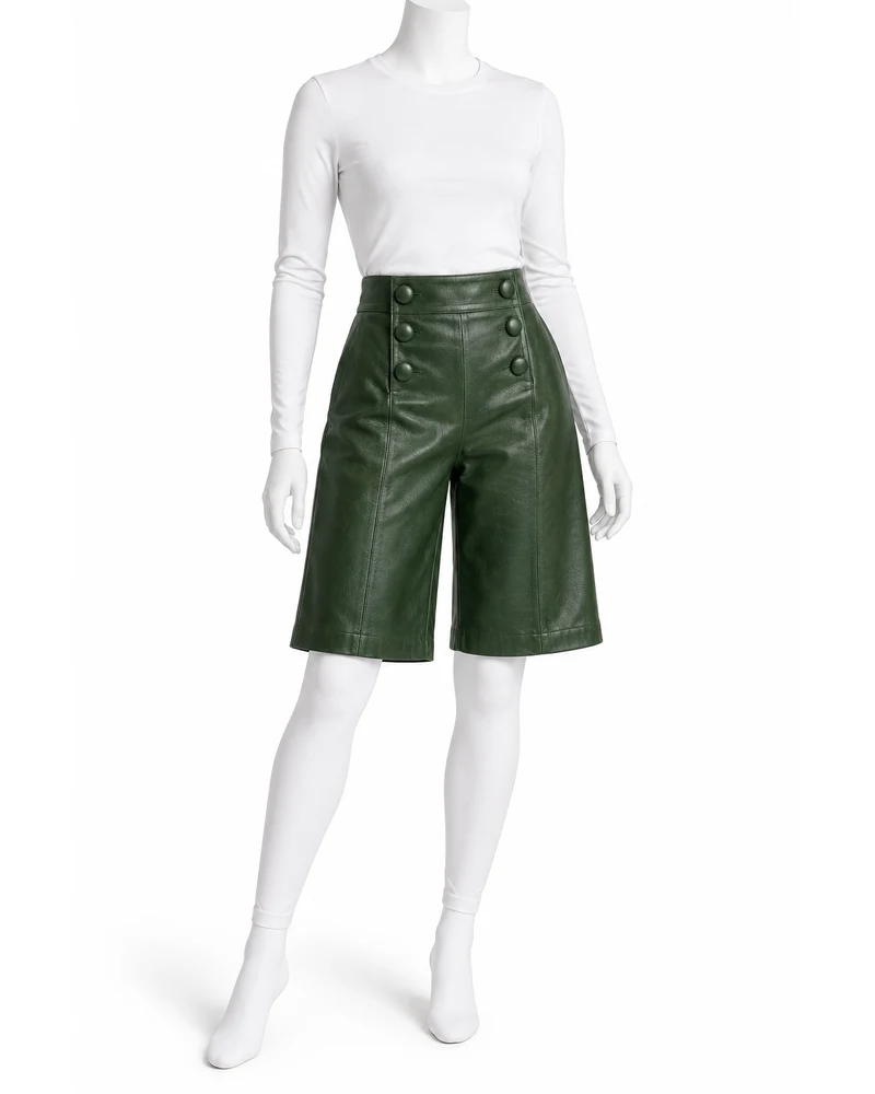 Forest Green Women Sailor-Button Bermuda Leather Shorts