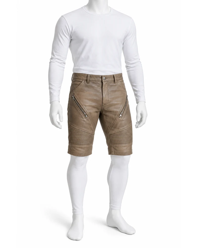 Taupe Men Ribbed-Knee Biker Leather Shorts