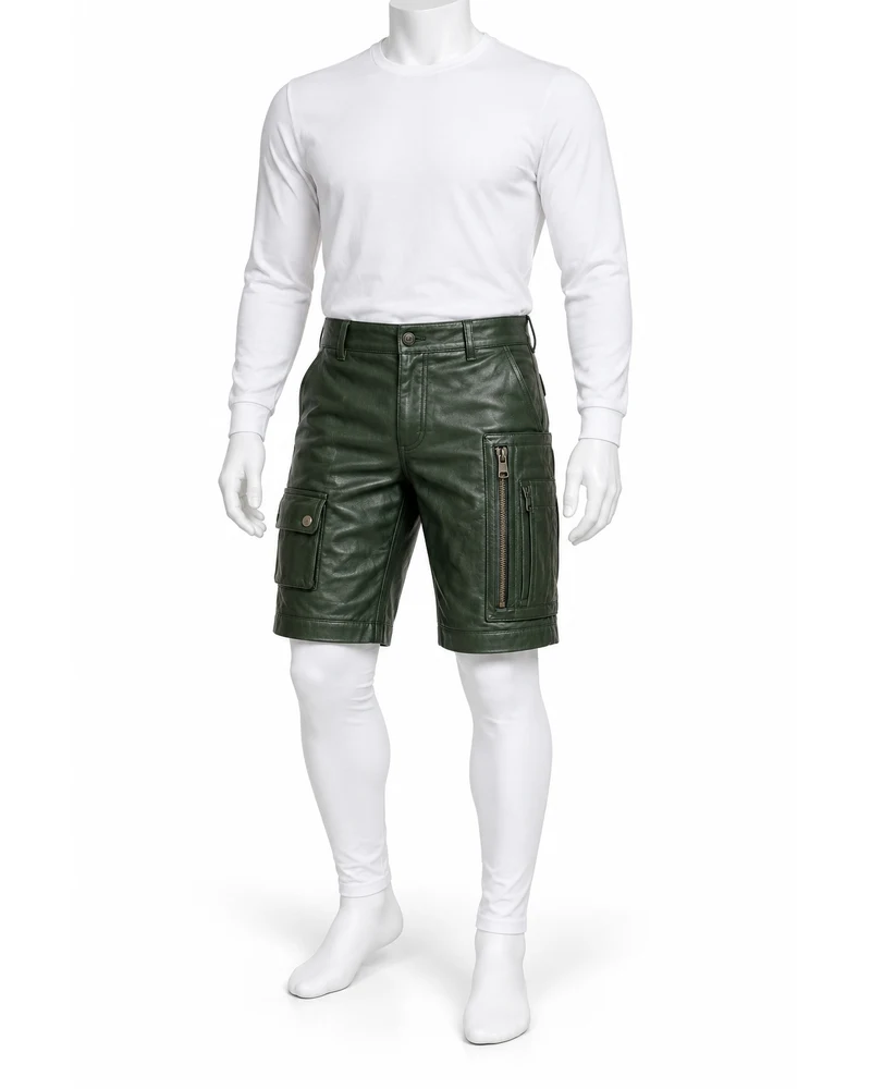Bottle Green Men Flight Zip-Pocket Leather Shorts