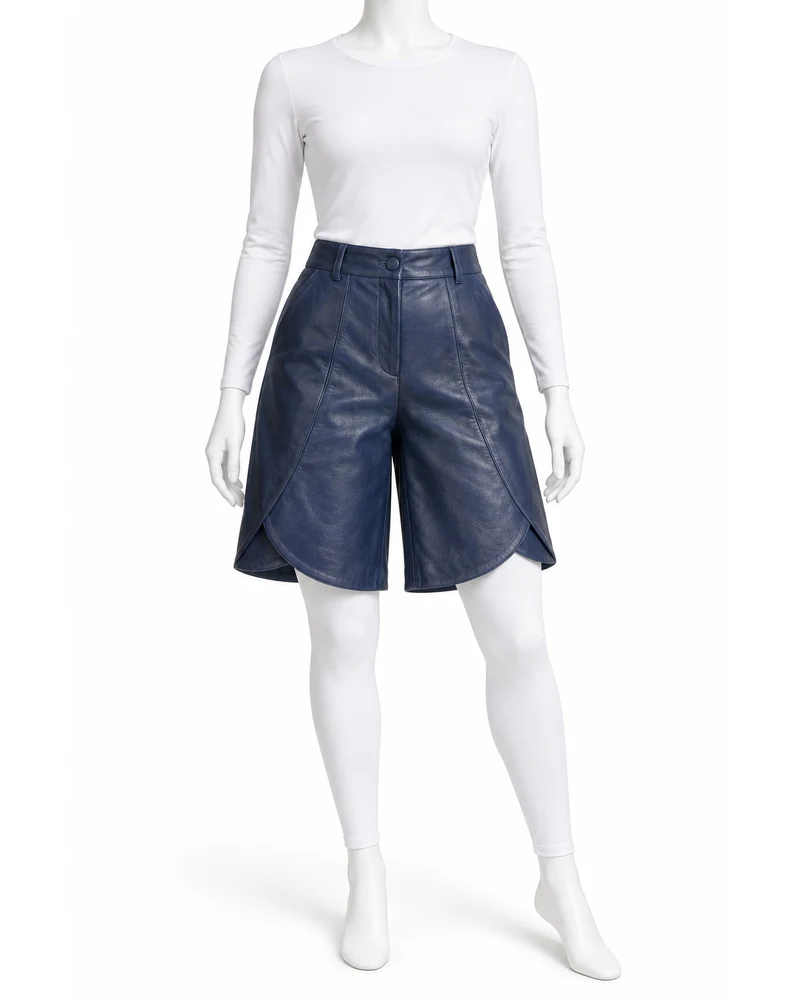 Indigo Women Tulip Overlap-Hem Leather Shorts