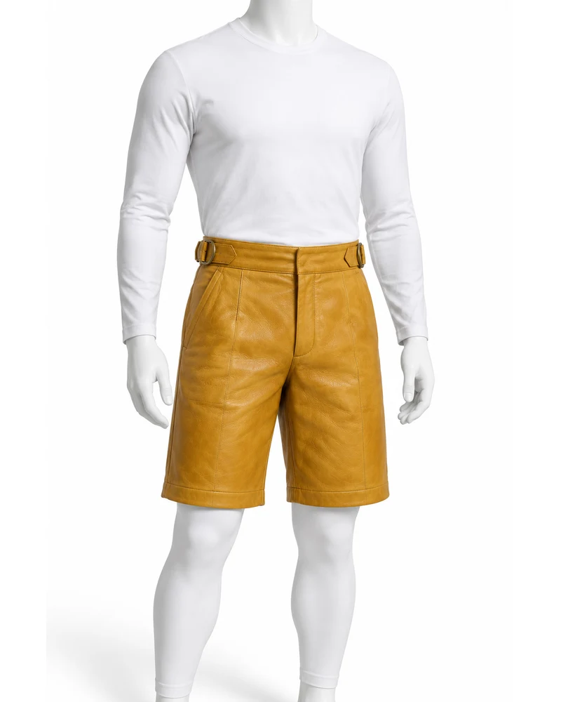 Mustard Men D-Ring Side-Tab Leather Shorts