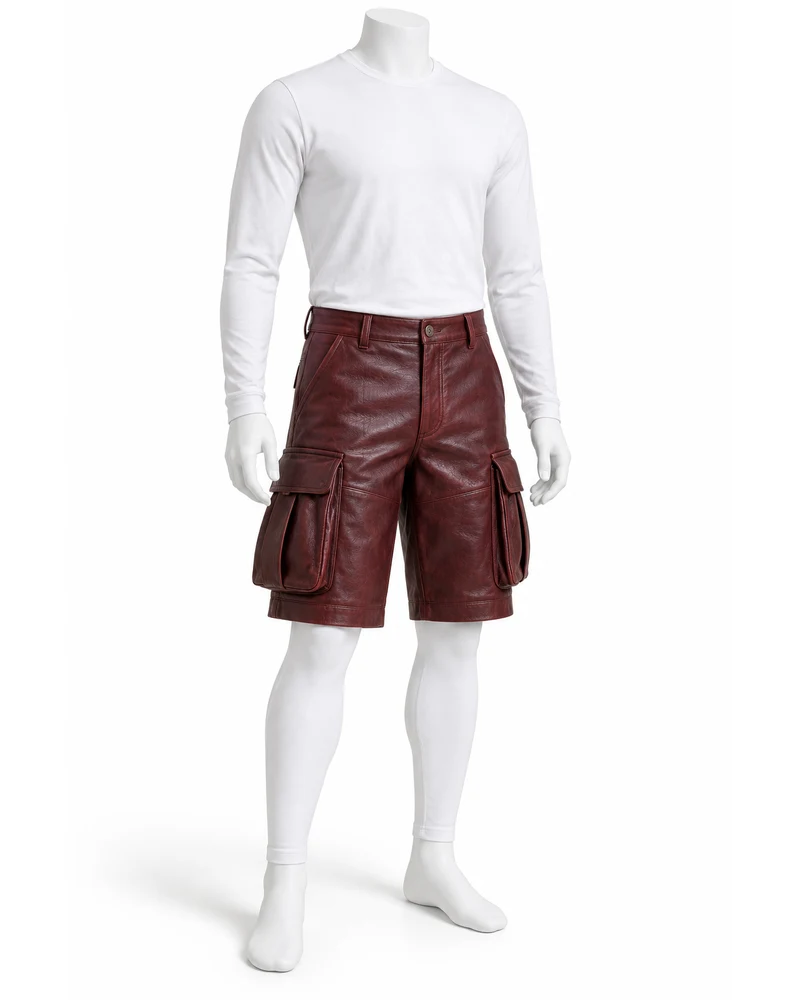Burgundy Men Bellows Cargo Leather Shorts