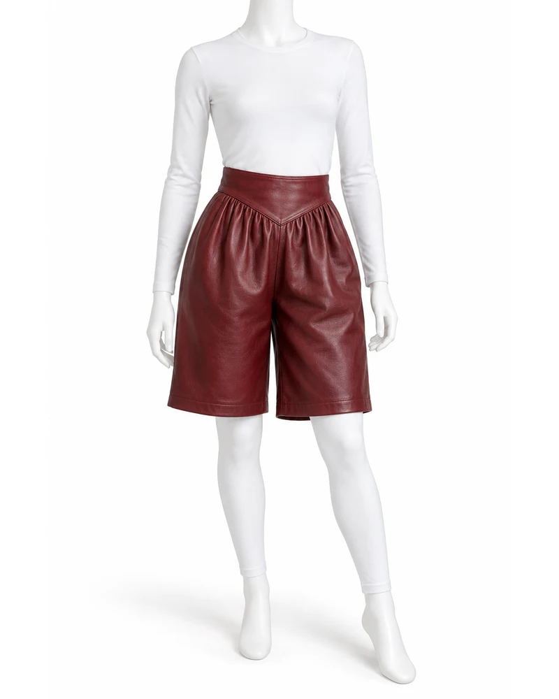 Maroon Women Gathered Yoke Leather Shorts