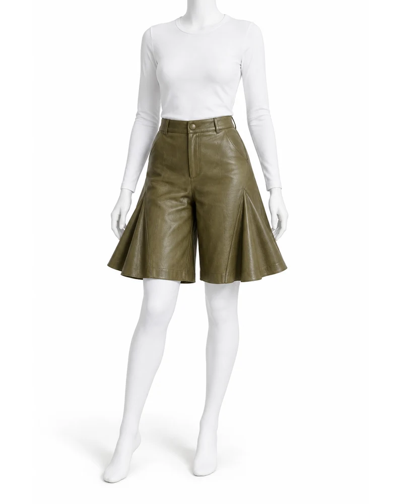 Moss Women Flared Godet Leather Shorts