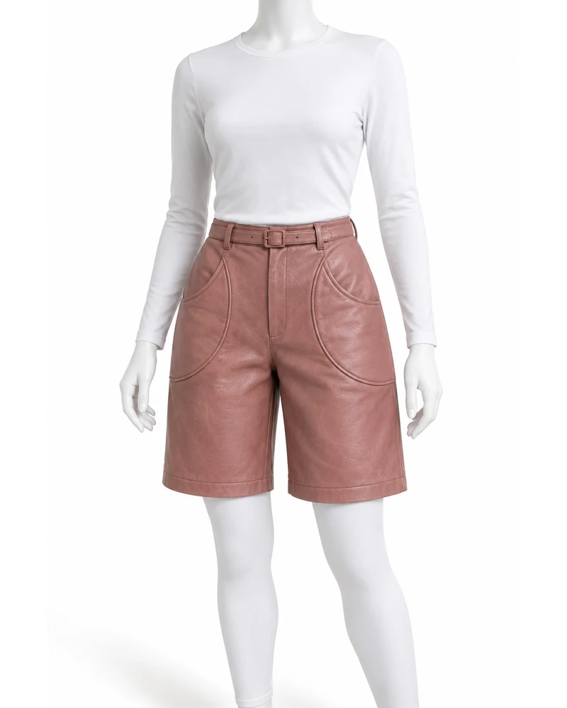 Dusty Rose Women Crescent-Pocket Leather Shorts