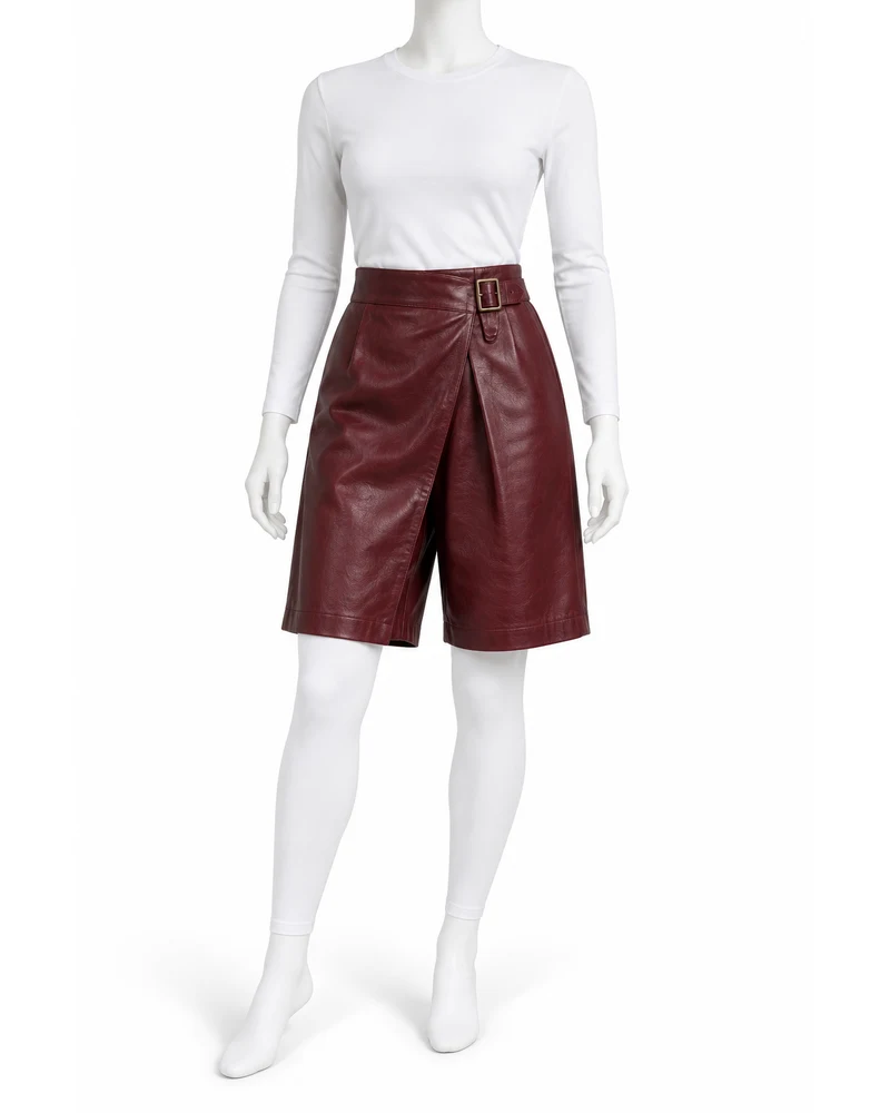 Claret Women Offset Buckle-Front Leather Shorts