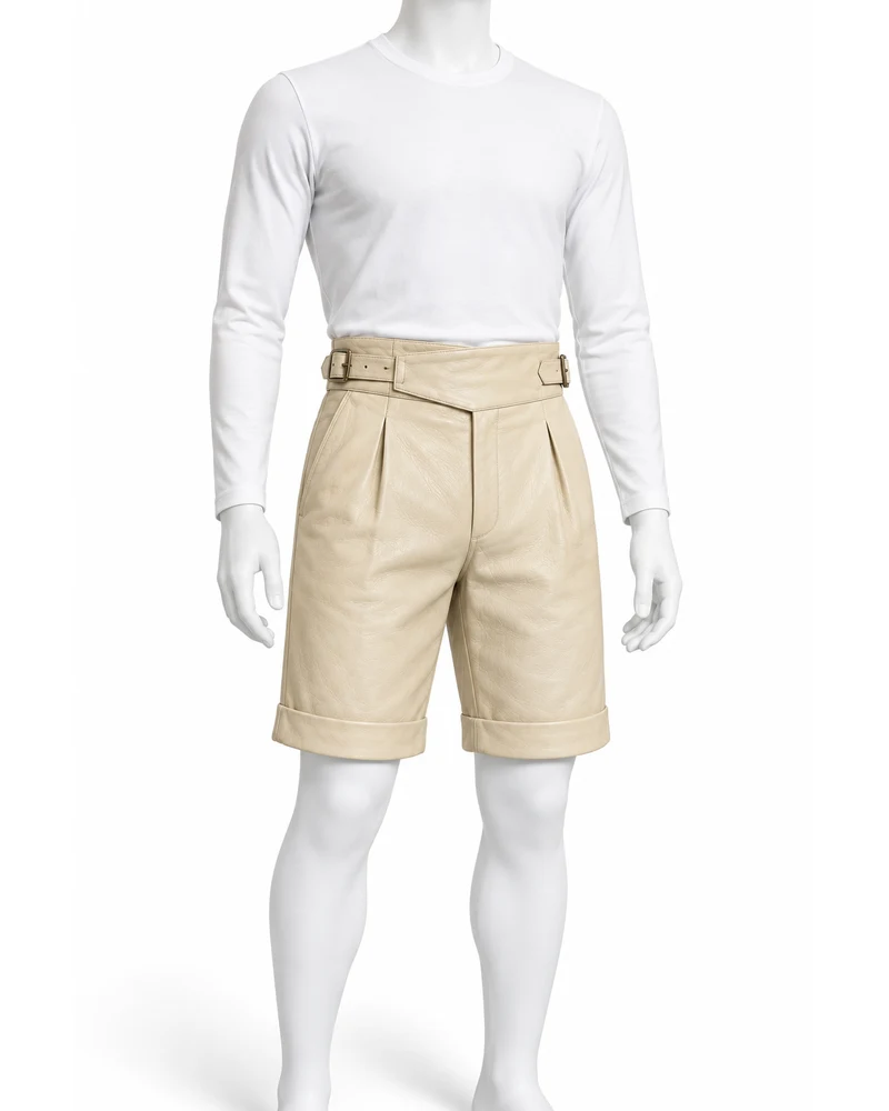 Cream Men Gurkha Buckle-Waist Leather Shorts