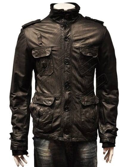 Black Four-Pocket Stand-Collar Men Leather Jacket