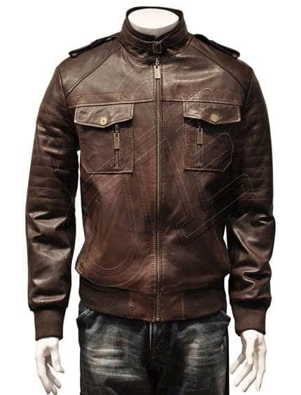Brown Stand-Collar Twin-Pocket Men Leather Jacket