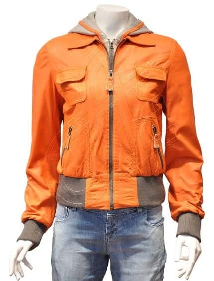 Orange Ribbed-Hem Women Leather Jacket