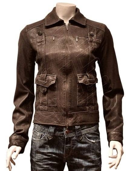 Brown Point-Collar Four-Pocket Women Leather Jacket