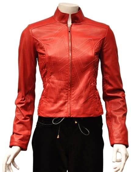 Red Zip-Front Women Leather Jacket