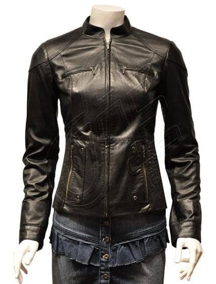 Black Panelled Zip-Front Women Leather Jacket