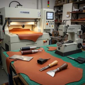 A collection of essential leather manufacturing tools including CNC cutting machines and sewing equipment in a workshop