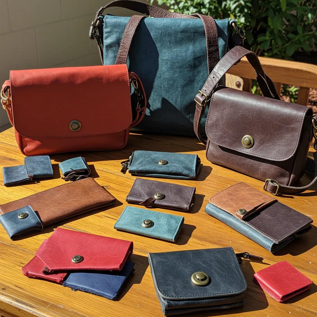 A collection of recycled and upcycled leather products including bags and wallets, emphasizing sustainability and craftsmanship
