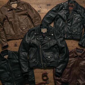 A collection of vintage leather jackets including a biker, bomber, and cafe racer, arranged on a wooden surface with vintage accessories