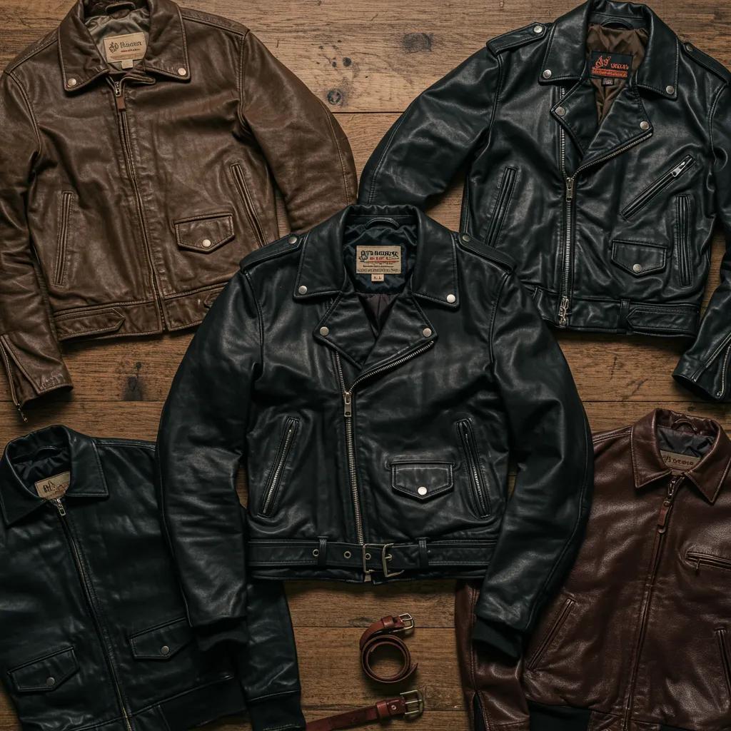A collection of vintage leather jackets including a biker, bomber, and cafe racer, arranged on a wooden surface with vintage accessories