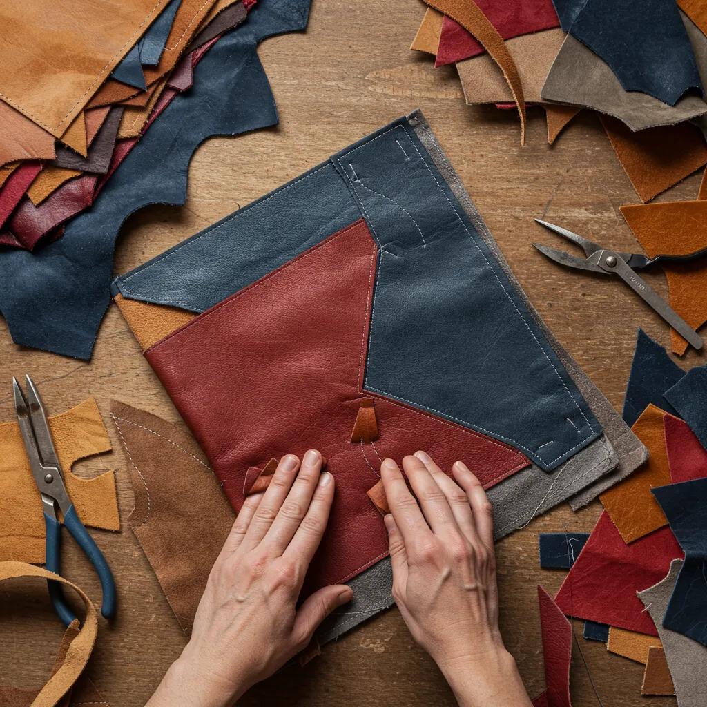 Craftsperson assembling leather scraps into an upcycled bag, showing tools and handwork