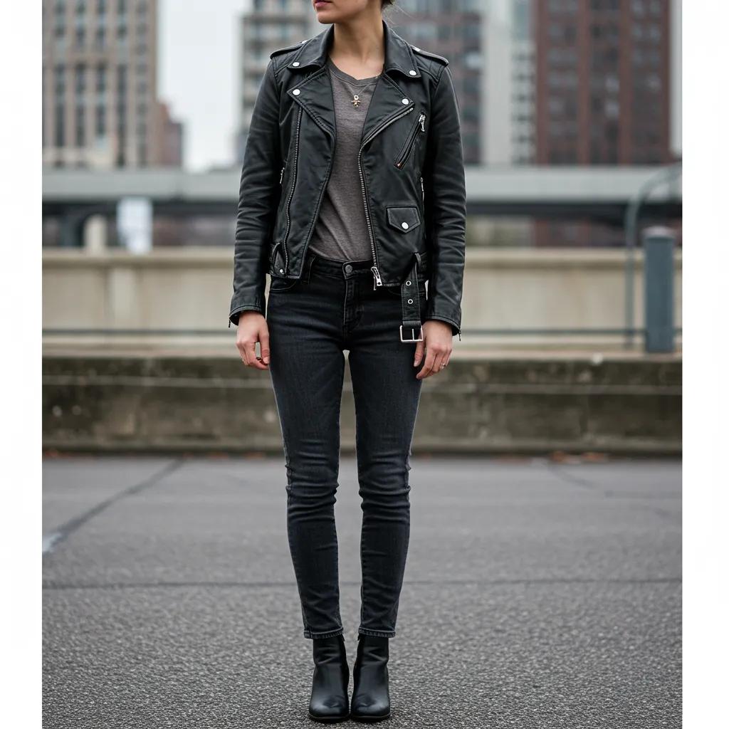 A stylish person in a vintage leather biker jacket, fitted tee, and slim jeans, set against an urban backdrop