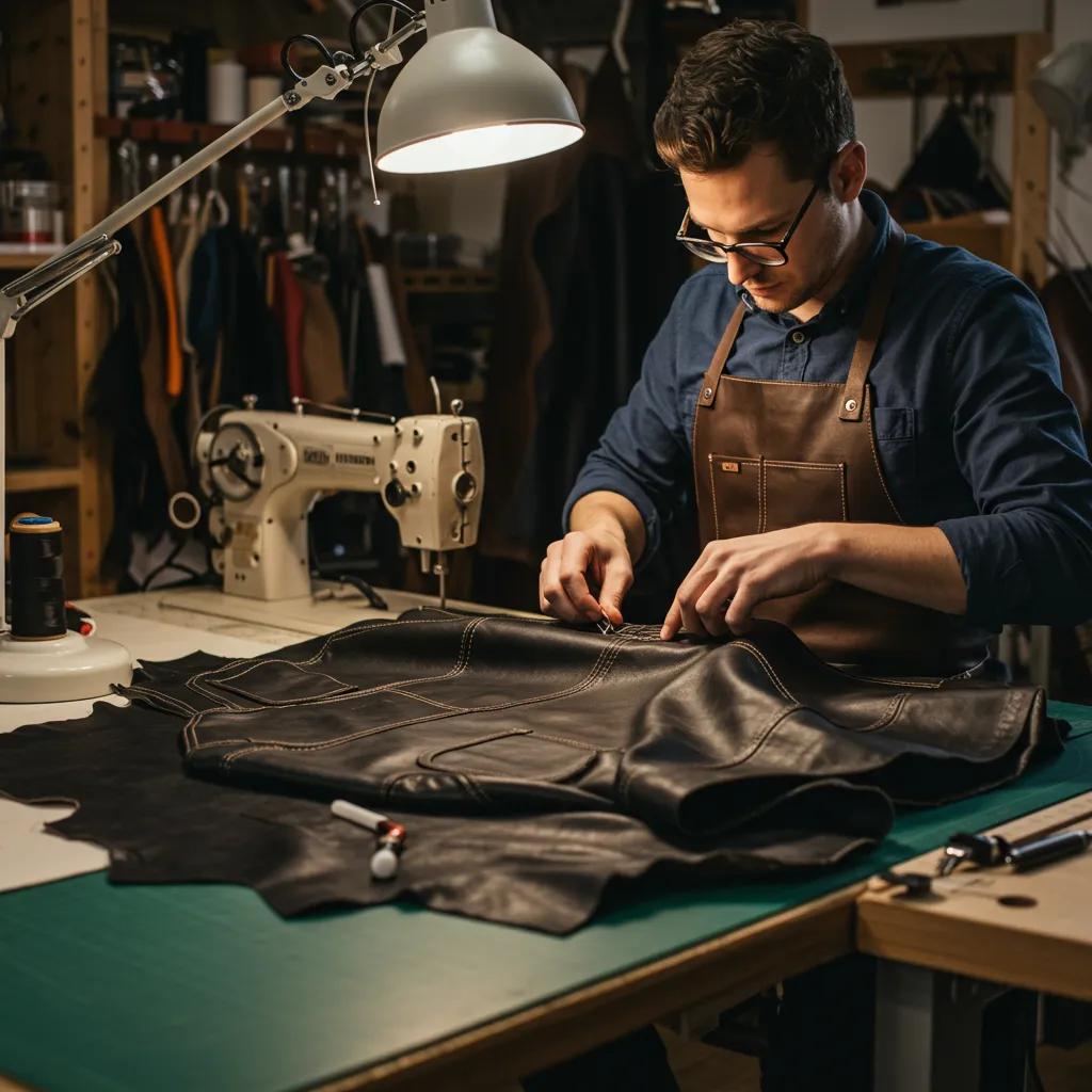 An artisan hand-stitching a custom leather jacket in a workshop filled with leather hides and tools