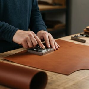 Artisan embossing leather with a die, showcasing craftsmanship and detail in leatherwork