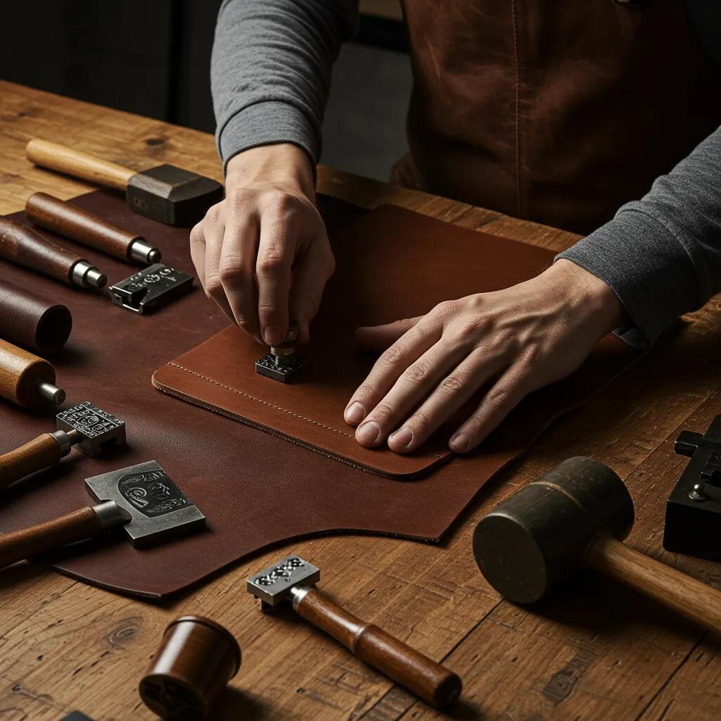 Artisan embossing leather with tools, highlighting craftsmanship and texture