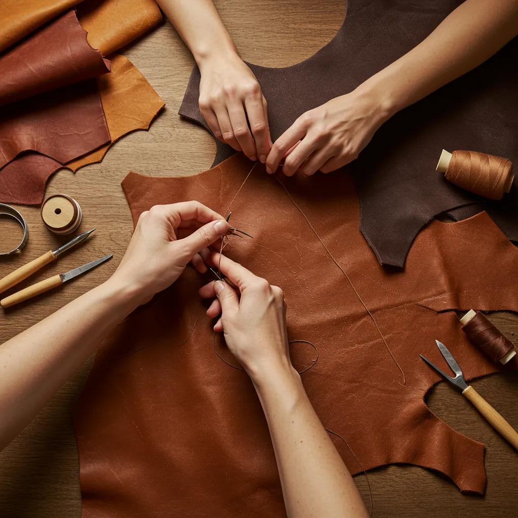 Artisan hand-stitching a leather garment, illustrating a commitment to quality and sustainable practice
