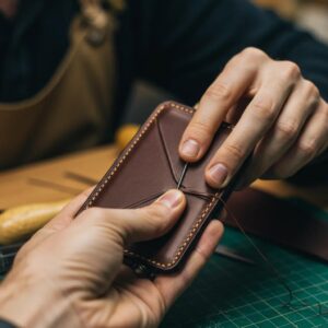 Artisan hand-stitching a leather wallet with saddle stitch technique, showcasing craftsmanship and tools