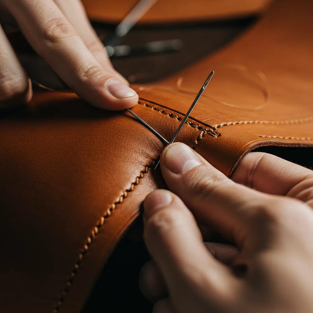 Artisan hand-stitching leather with saddle stitch technique, highlighting craftsmanship and tools