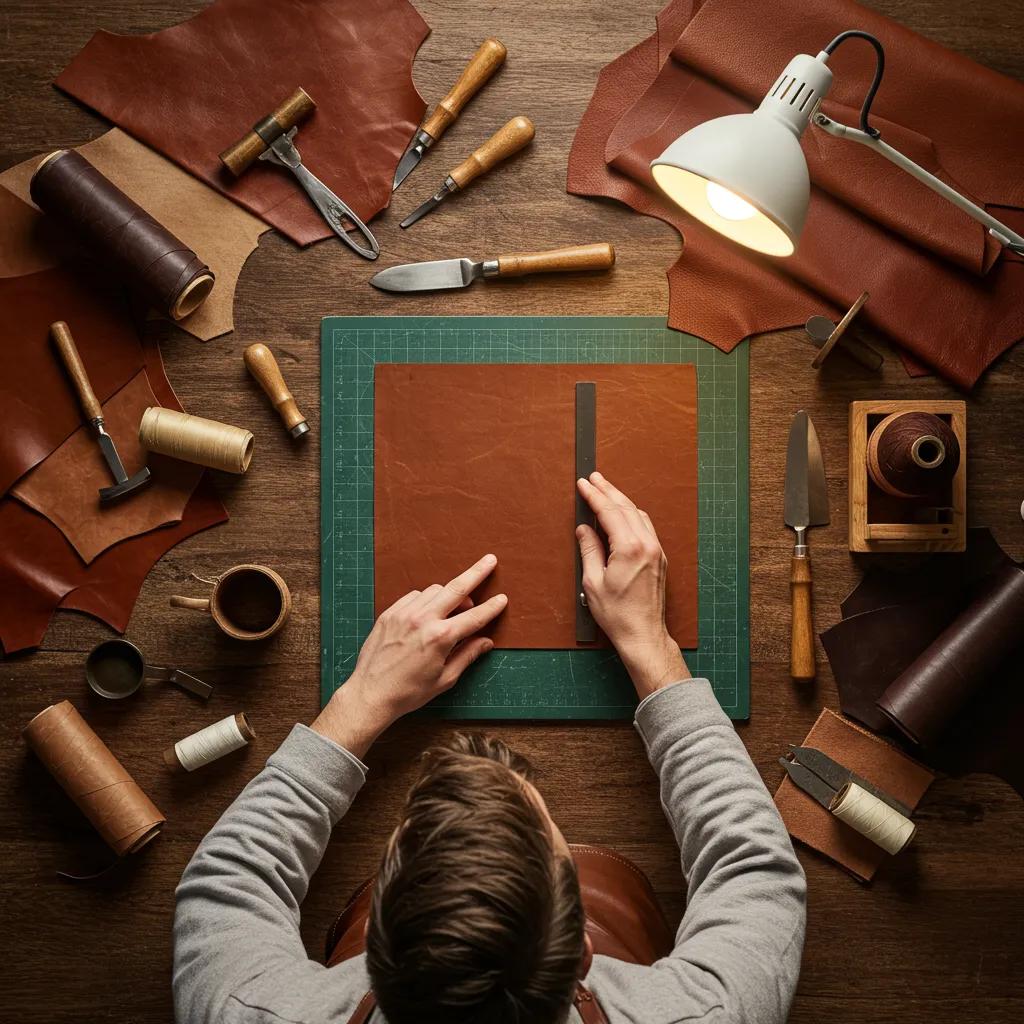 Artisan working with leather, showcasing traditional tools and materials in a warm atmosphere
