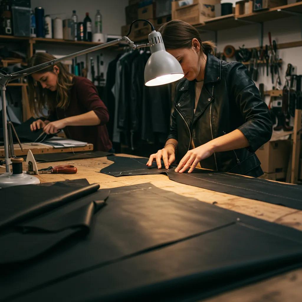 Artisans crafting vegan leather jackets, highlighting the hand-stitching process and craftsmanship