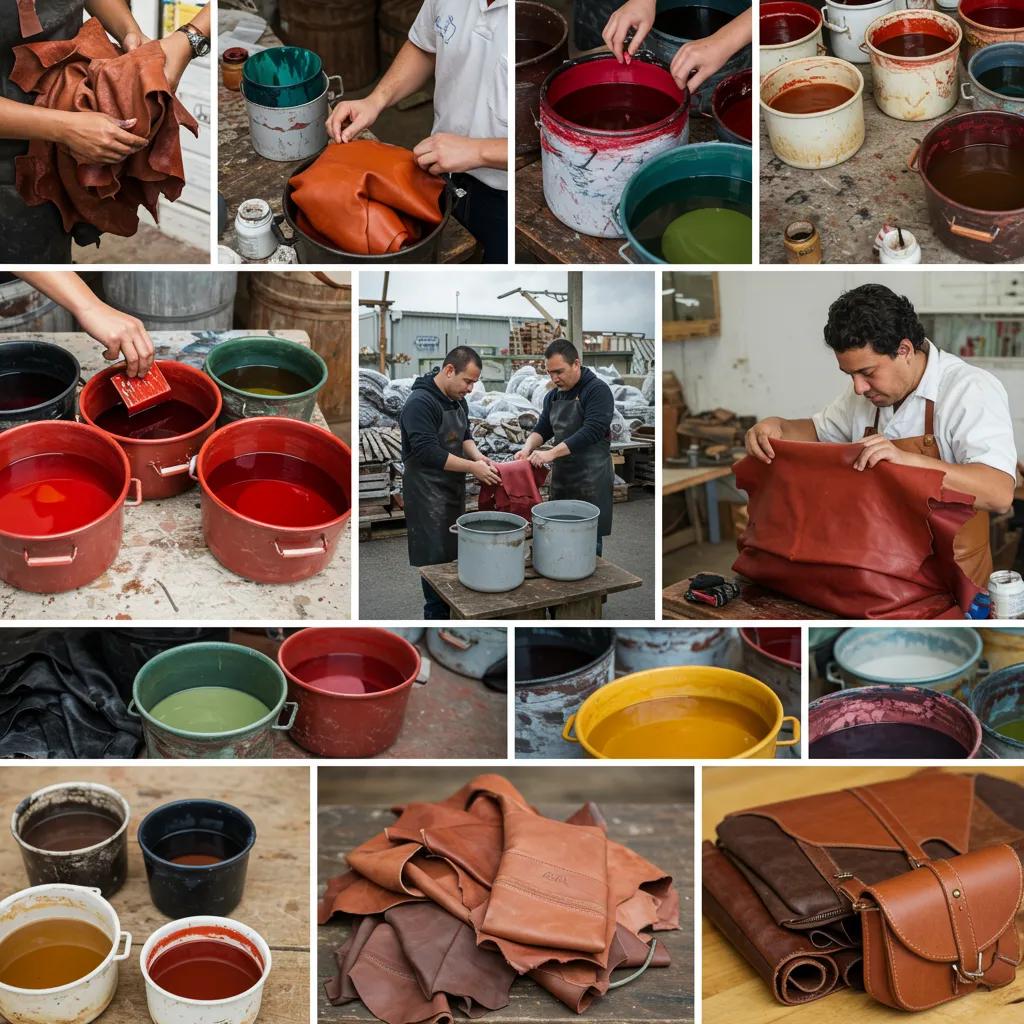 Artisans dyeing leather with vibrant colors and techniques, showcasing craftsmanship