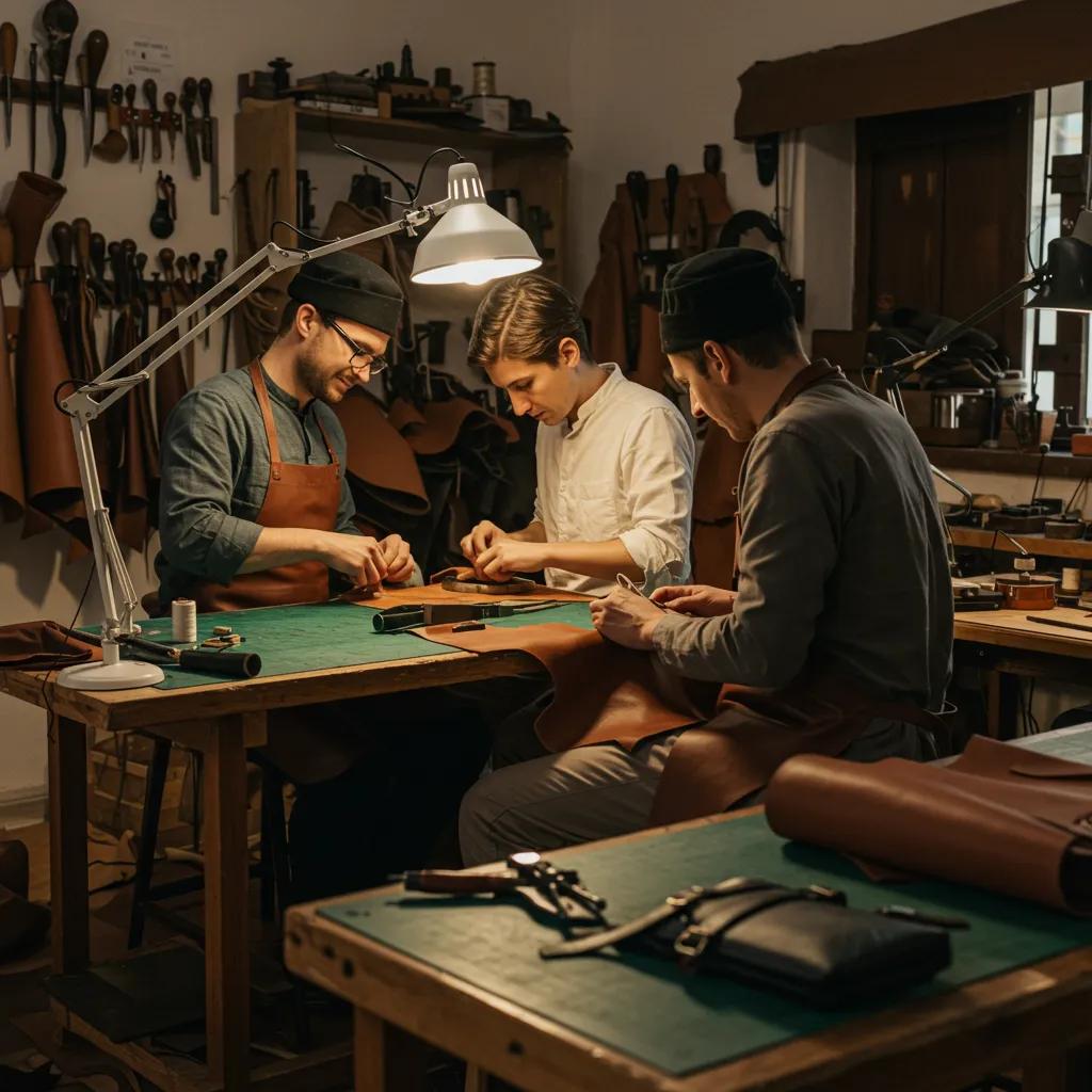Artisans working in a leather workshop, showing traditional tools and step-by-step craftsmanship