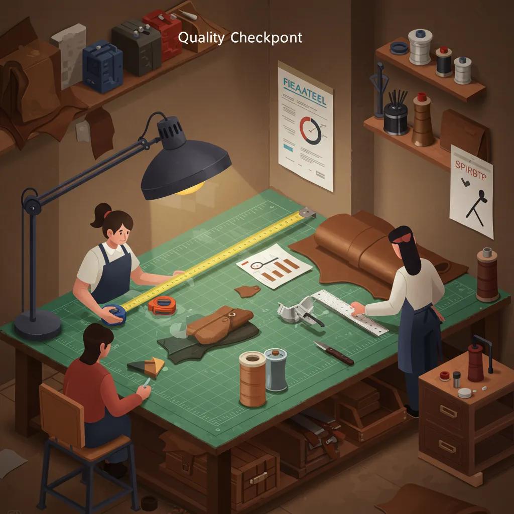 Artisans carrying out quality control checks on leather goods, demonstrating attention to detail and craftsmanship