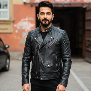 Celebrity in a modern leather jacket against an urban backdrop, showcasing 2025 fashion trends