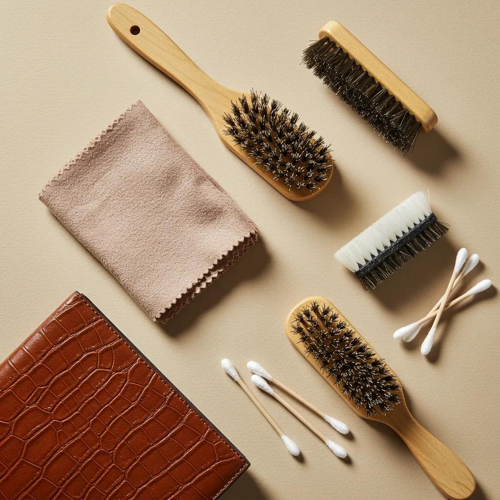 Microfiber cloths and soft brushes laid out for embossed leather care