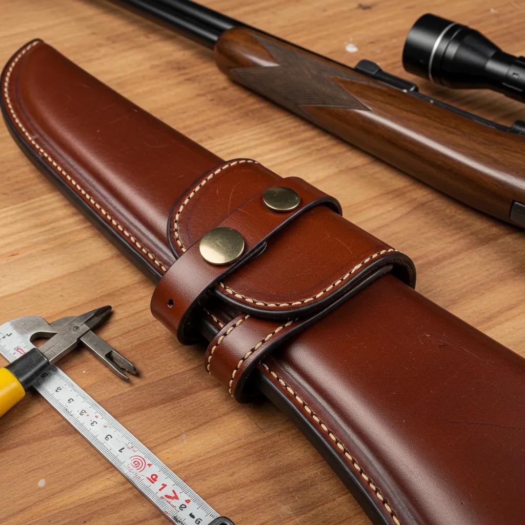 Close-up of a custom-made leather rifle scabbard with detailed stitching and high-quality leather texture